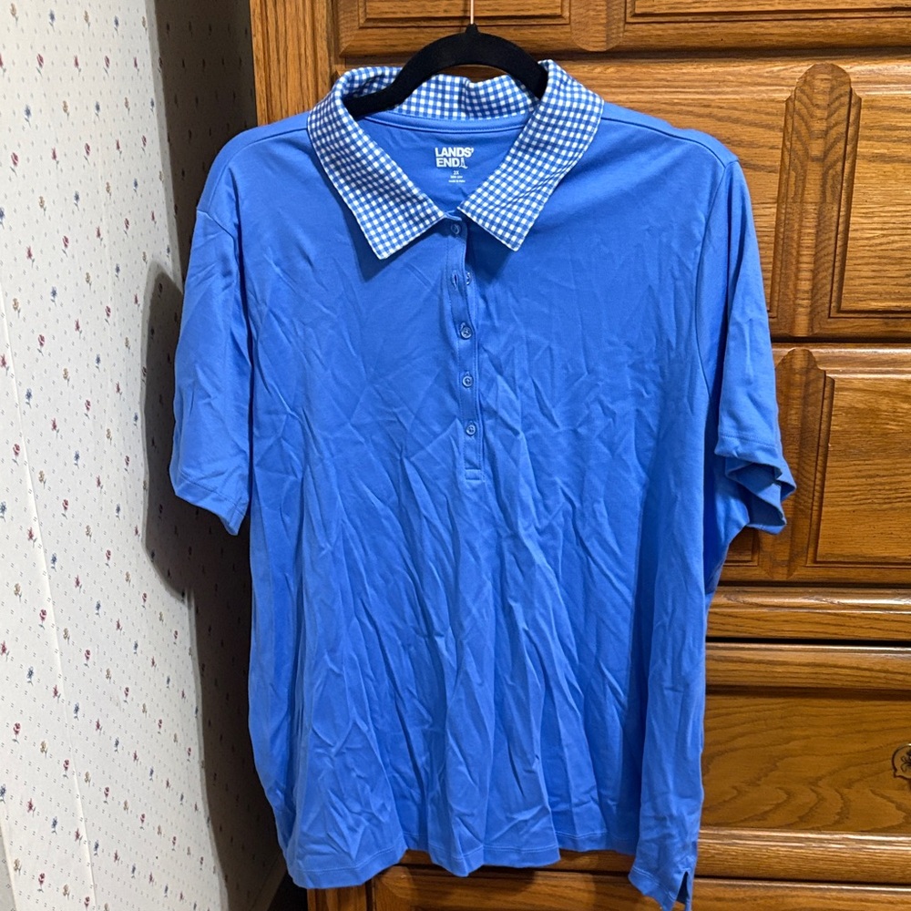 Lands' End Men's Polo Shirt with Blue Checkered Collar